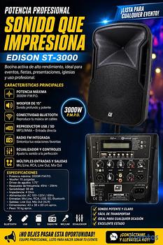 camaras y audio - Bocina Profesional Edison ST-3000 Potencia, Bluetooth y Sonido de Alto Nivel