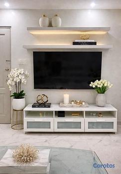 muebles y colchones - Mueble de televisión moderno, color blanco con compartimentos 