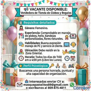 empleos disponibles - Personal para tienda de globos y envolturas