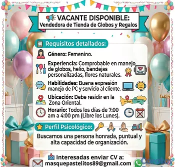 empleos disponibles - Personal para tienda de globos y envolturas Interesados
