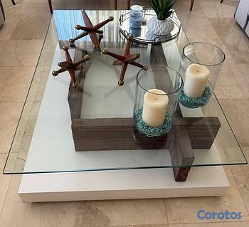 muebles y colchones - Mesa de Centro de Vidrio con Base Madera