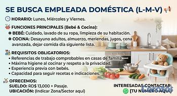 empleos disponibles - COCINERA NIÑERA TODÓLOGA LUNES MIÉRCOLES VIERNES RD$13mil mensual