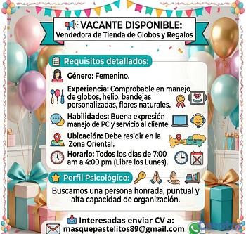 empleos disponibles - Personal para tienda de globos y envolturas Interesados